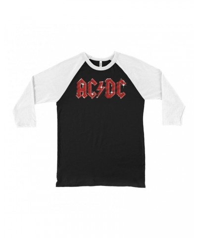 $13.78 AC/DC 3/4 Sleeve Baseball Tee | Sparkle Red Logo Distressed Shirt Shirts