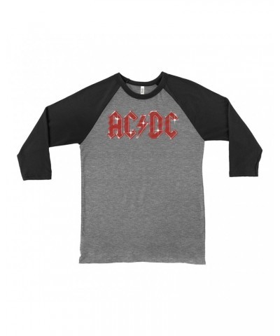 $13.78 AC/DC 3/4 Sleeve Baseball Tee | Sparkle Red Logo Distressed Shirt Shirts