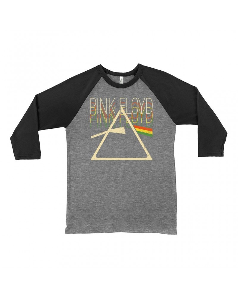 $10.78 Pink Floyd 3/4 Sleeve Baseball Tee | Retro Multi-Color Dark Side Of The Moon Prism Distressed Shirt Shirts