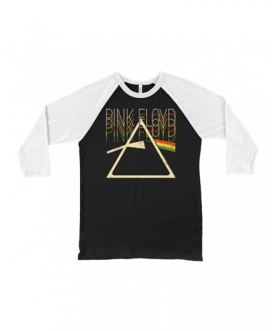 $10.78 Pink Floyd 3/4 Sleeve Baseball Tee | Retro Multi-Color Dark Side Of The Moon Prism Distressed Shirt Shirts